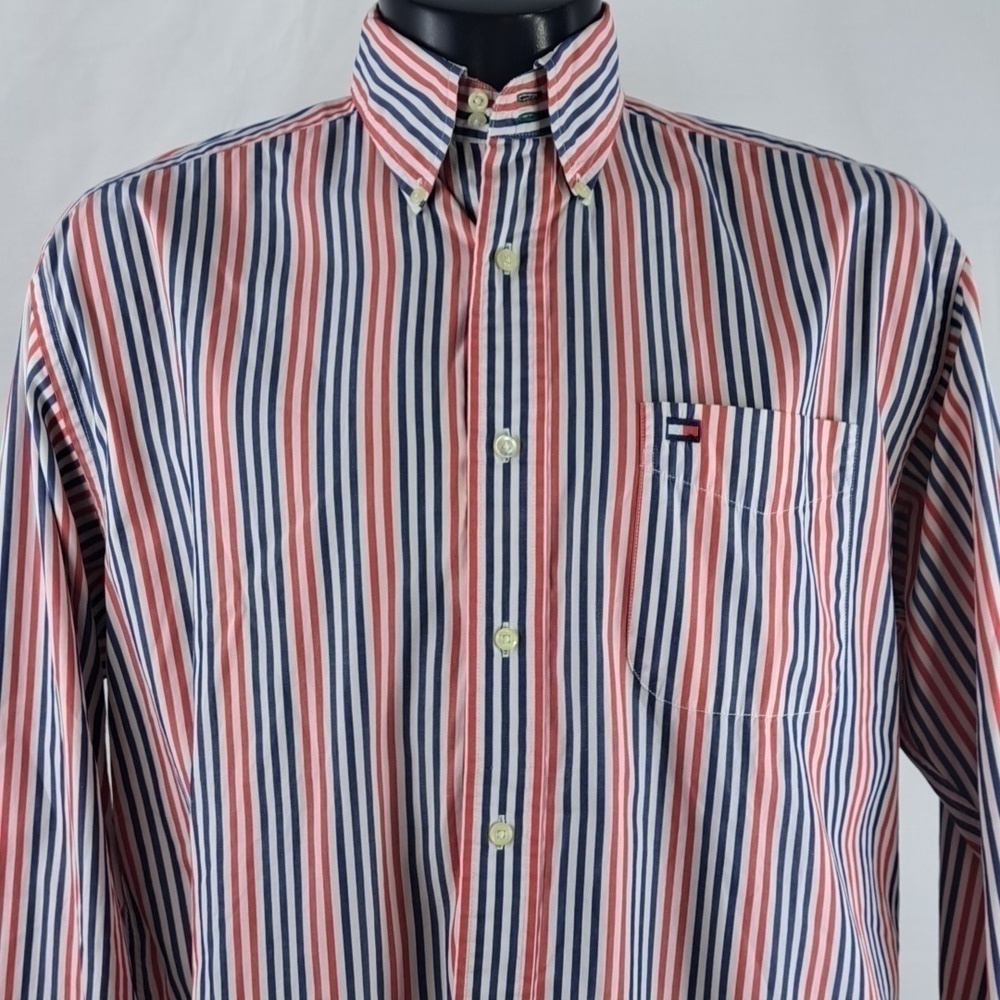 Vintage Tommy Hilfiger Crest logo vertical stripes casual med button-up shirt